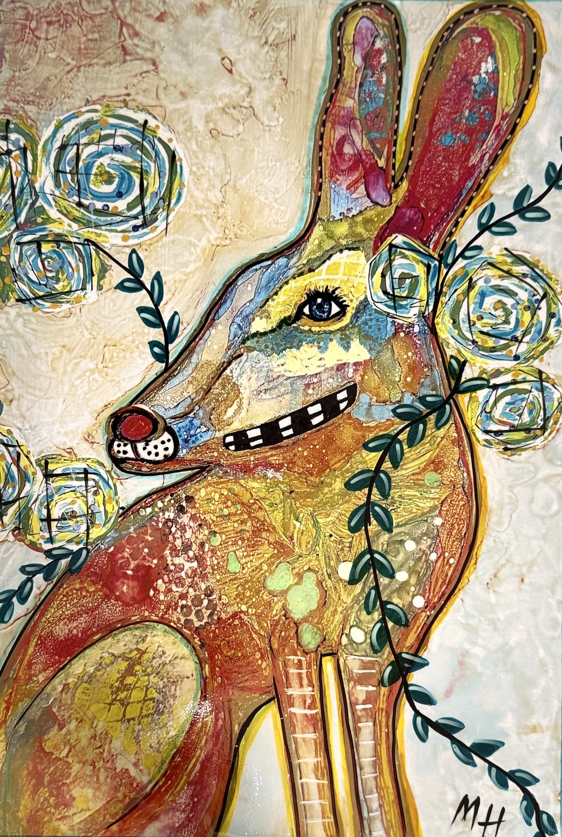 THE RABBIT, 19x13, alcohol inks, mixed media, resin on wood panel