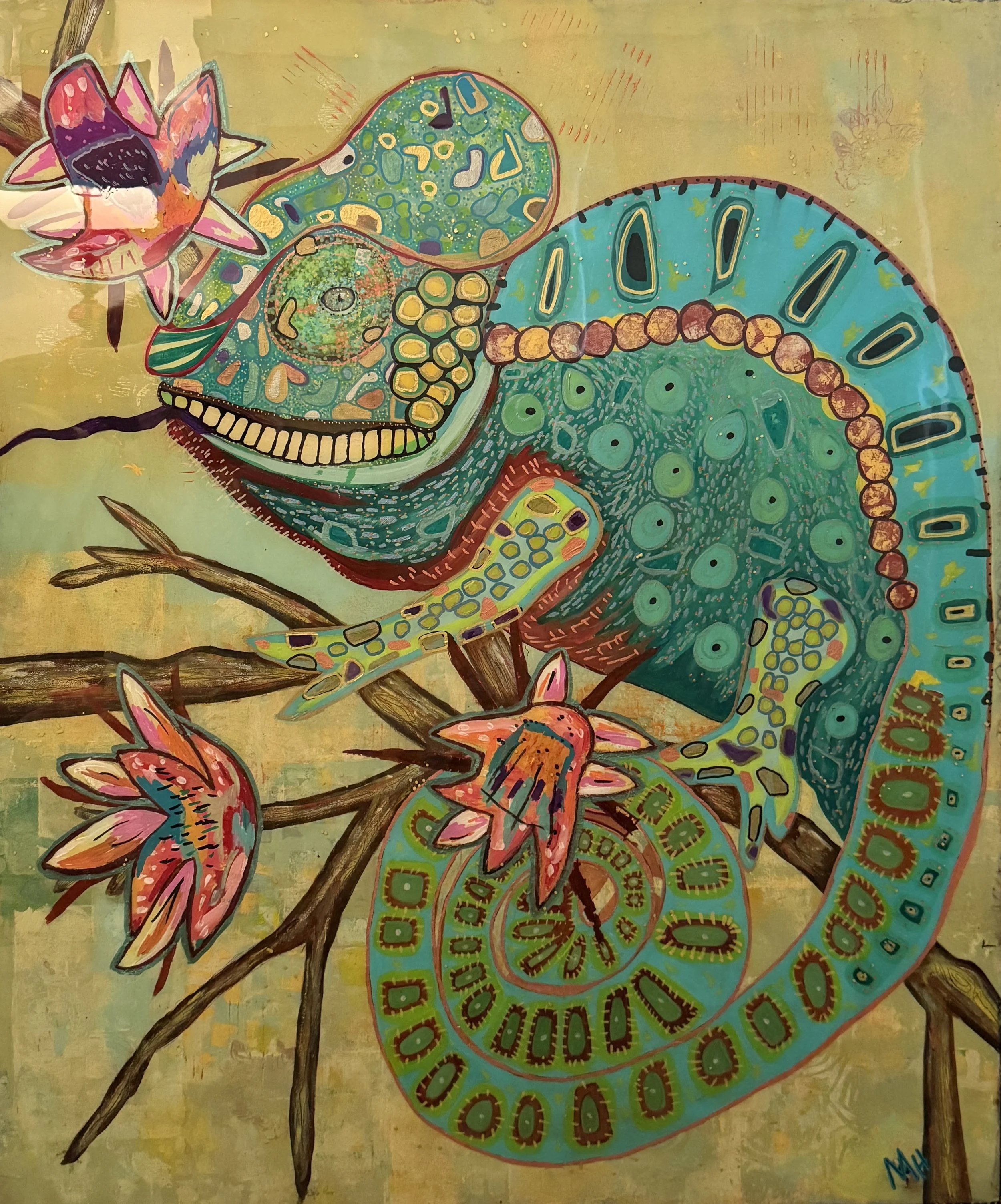 CHAMELEON, 36x30, mixed media, resin on wood panel