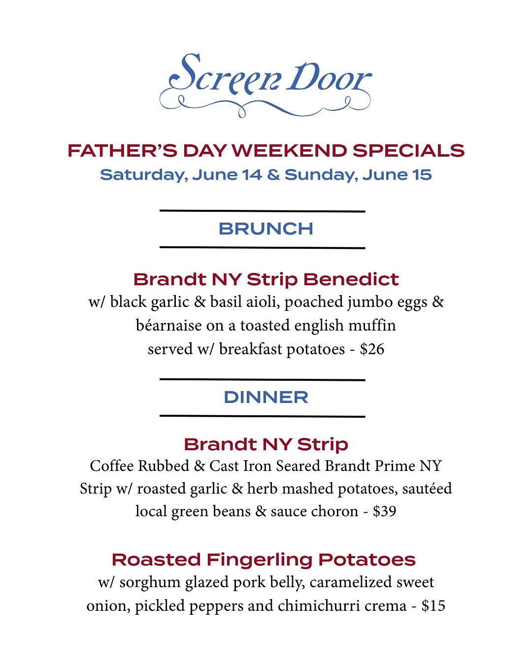 Celebrate Father&rsquo;s Day with us! We&rsquo;re serving up dinner specials this Saturday &amp; Sunday, just right for gathering around the table with your crew. Planning something bigger? Large party orders are available with 72-hour notice. Tap th