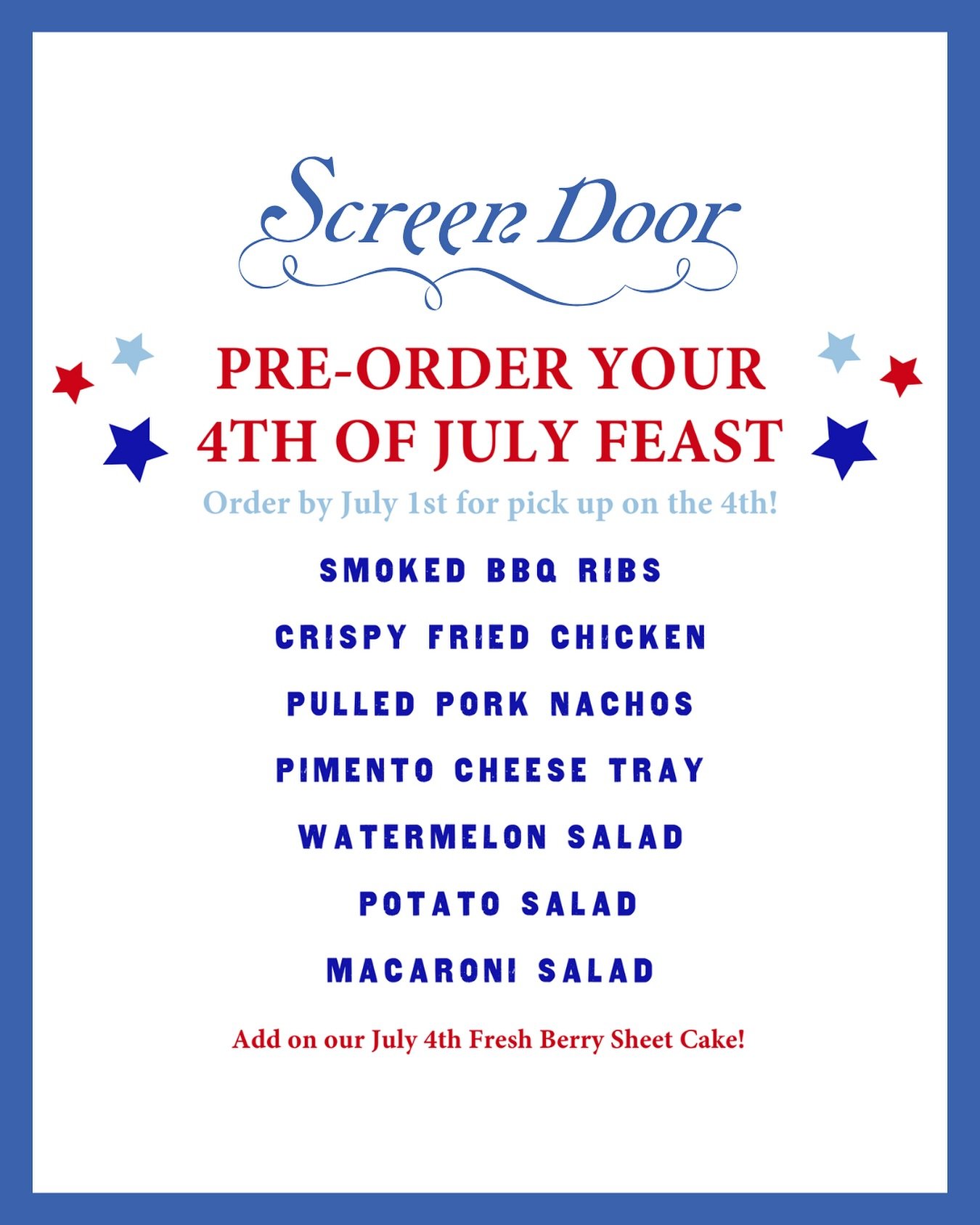 ⭐️ LAST CHANCE ⭐️ to pre-order our 4th of July Feast! Place your order through the link in bio by tonight for pick-up on the 4th at our Eastside location.

#screendoorpdx #pdxfood #portlandfood #exploreportland #travelportland