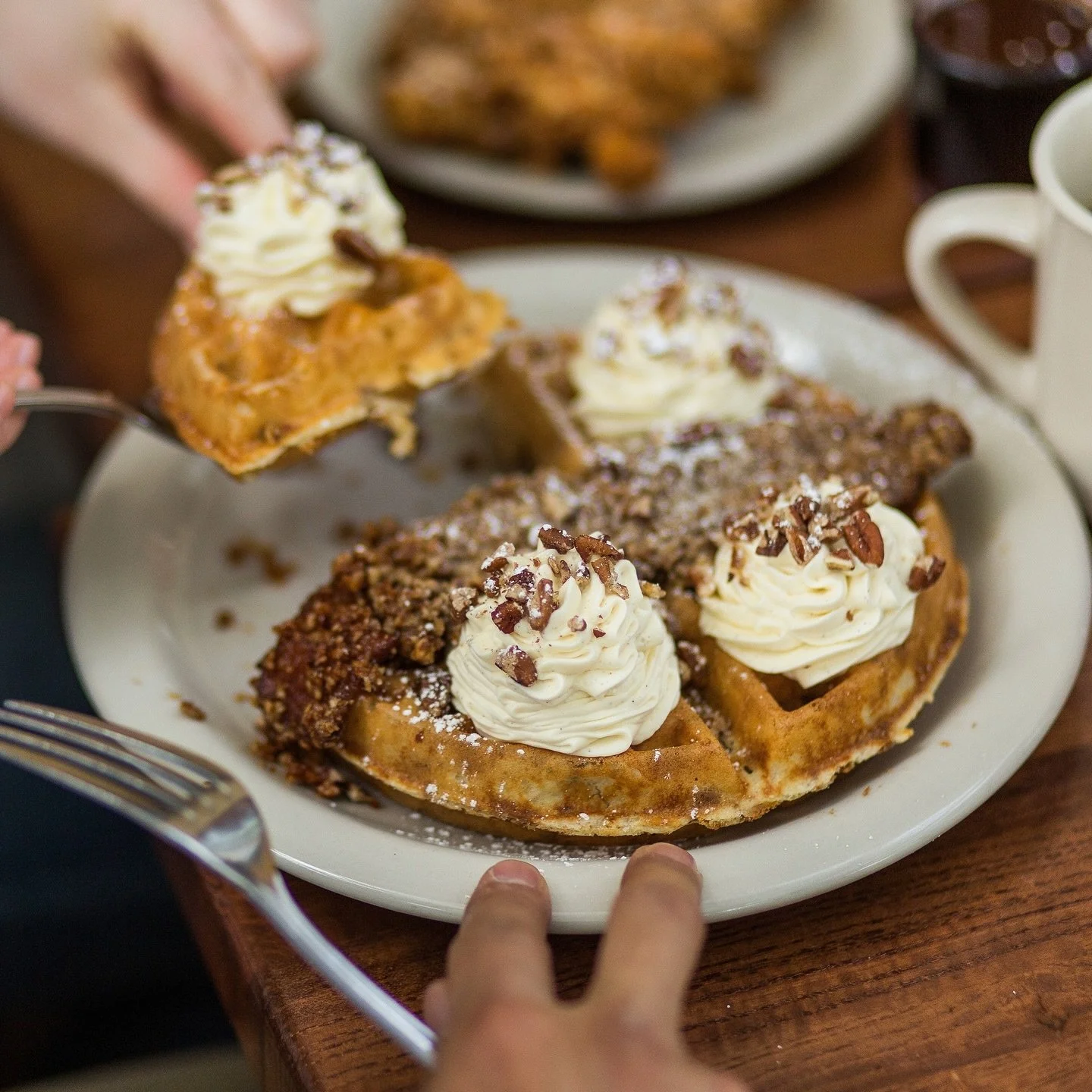 Midweek plans: Bring a friend and relax on the patio with us this Wednesday, sharing a few comforting plates like our Praline Waffle.✨⁠
⁠
Can&rsquo;t make it in? Brunch and dinner are also available for takeaway through Toast, link in bio to place yo