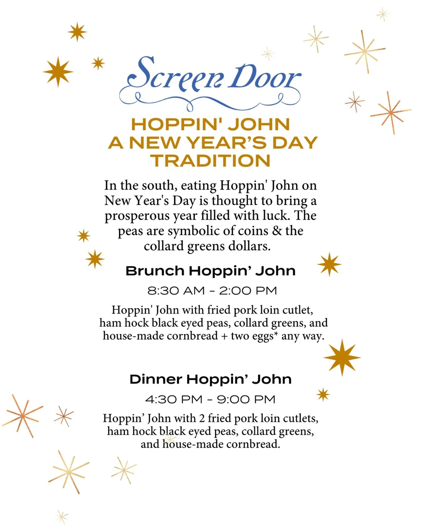 Celebrate ✨ New Year&rsquo;s Day ✨ with our crispy fried chicken and Hoppin&rsquo; John for brunch and dinner, served with collard greens and cornbread. A time-honored southern way to welcome a year of good fortune!

#screendoorpdx #pdxfood #portland