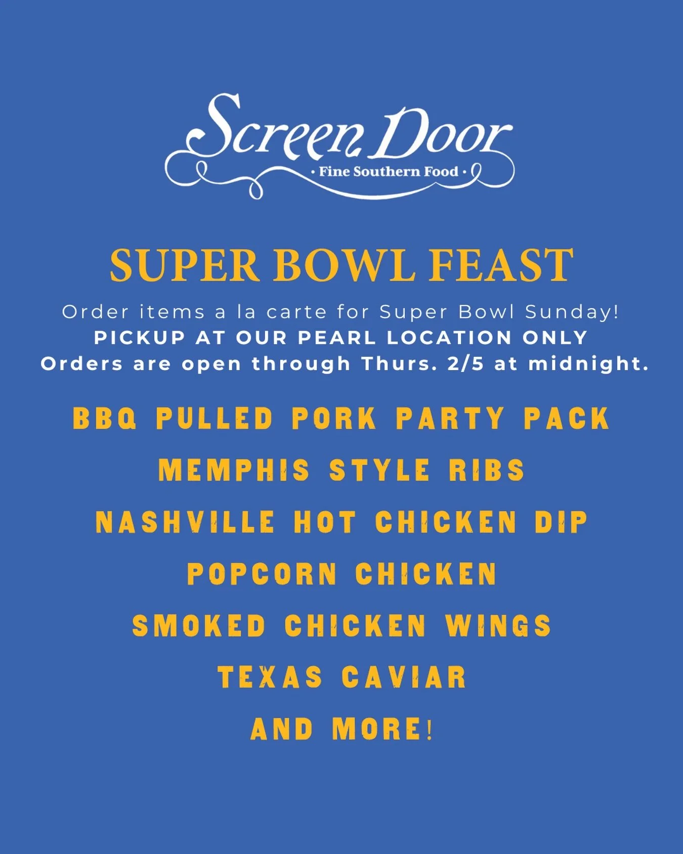 Game day is coming! 🏈 Build your own Southern-style Super Bowl feast with our favorite mains, sides, and party fare.⁠
⁠
Orders are open through Thursday 2/5 at midnight. Pick up at our Pearl location only on Super Bowl Sunday 2/8.⁠
⁠
Link in bio to 