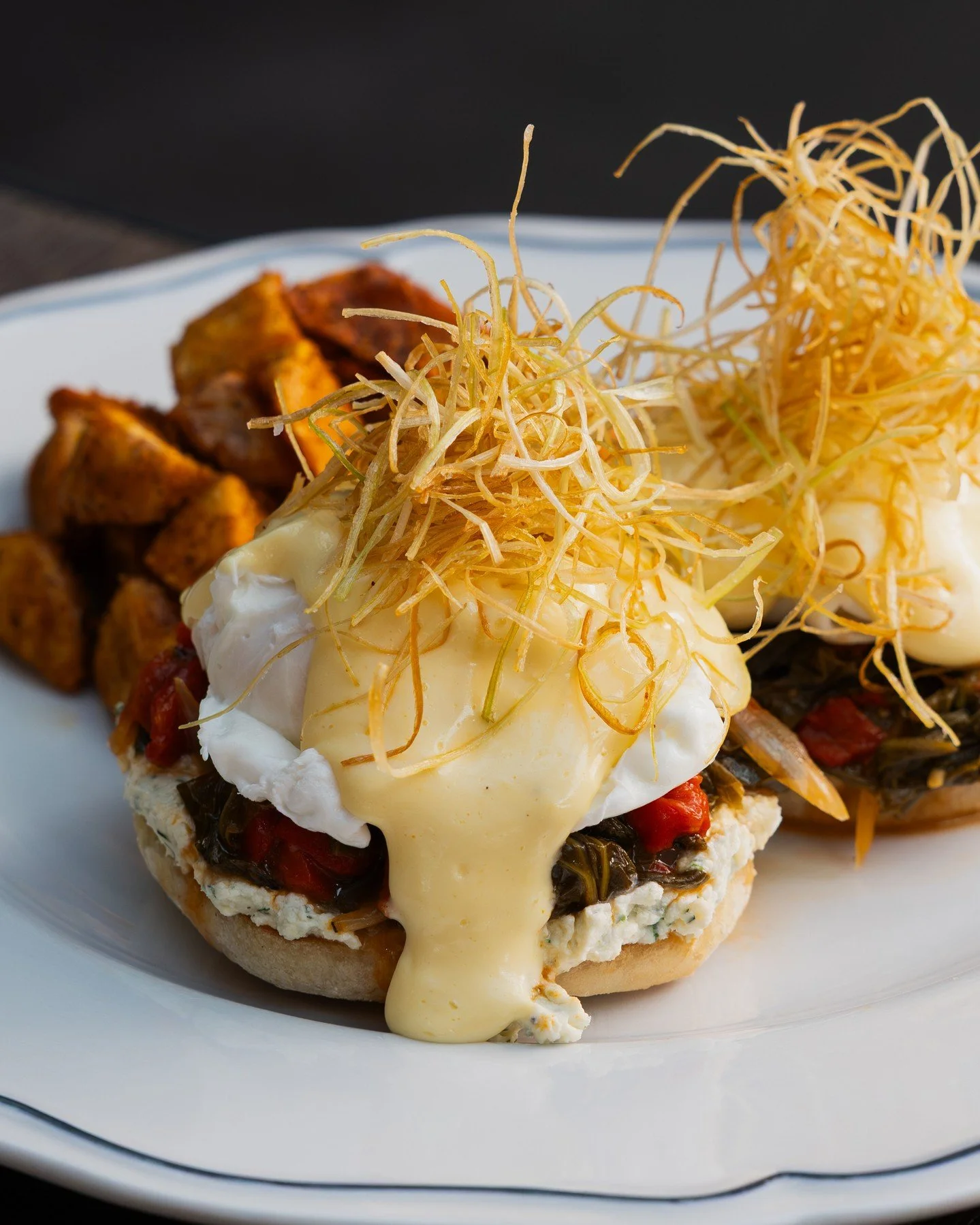 Our Saturday brunch recommendation 😍 Fire Roasted Peppers &amp; Braised Mustard Greens Benedict with preserved Meyer lemon hollandaise. On our brunch menu at both locations!⁠
⁠
#screendoorpdx #pdxfood #portlandfood #travelportland