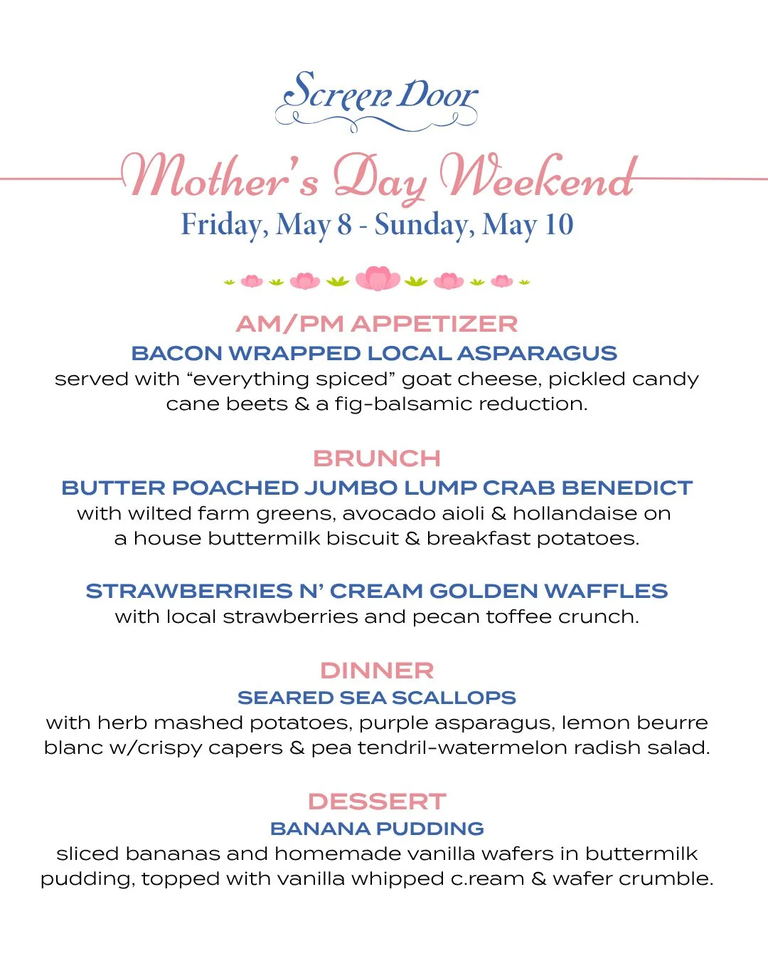 💐 Mother&rsquo;s Day 💐 is just around the corner, and tables are filling up fast. Reserve yours at our Pearl District or Eastside location today!⁠
⁠
#screendoorpdx #pdxfood #portlandfood #travelportland