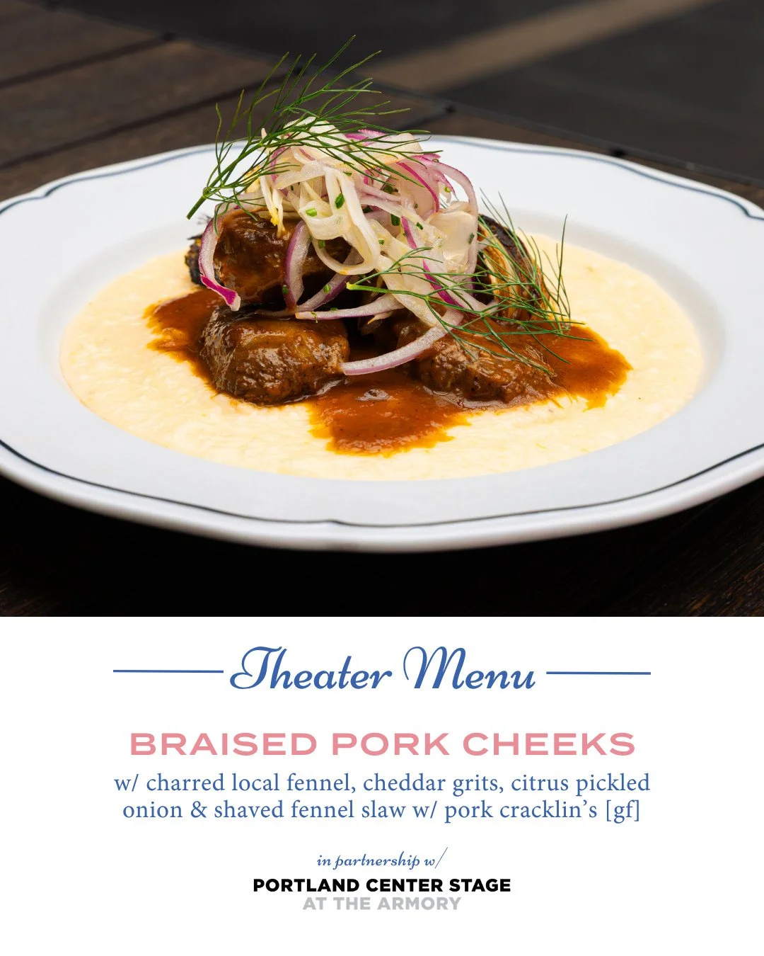 Headed to @portlandcenterstage to catch the last nights of Fat Ham 🎭Stop by our Pearl District location for a theatre menu designed to get you in and out with time to spare.⁠
⁠
Our menu includes braised pork cheeks with charred local fennel, cheddar