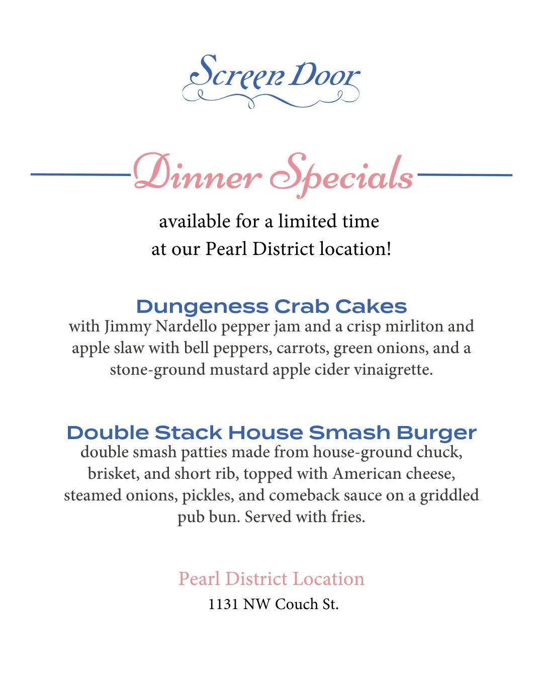 New month, new specials! ✨ Stop by our Pearl District location for Dungeness Crab Cakes and our Double Stack House Smash Burger, now on the dinner menu for a limited time. Come by and give them a try before they're gone!⁠
⁠
#screendoorpdx #pdxfood #p