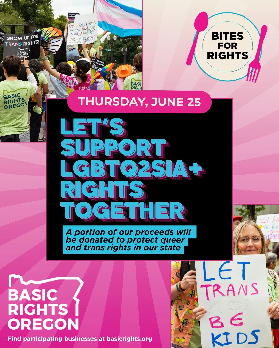 JOIN US TODAY! Thursday, 6/25 🌈 We&rsquo;re proud to be part of @basicrightsoregon Bites for Rights, a Portland-wide dine-out fundraiser supporting LGBTQ2SIA+ communities and the work of Basic Rights Oregon through advocacy, policy change, and commu