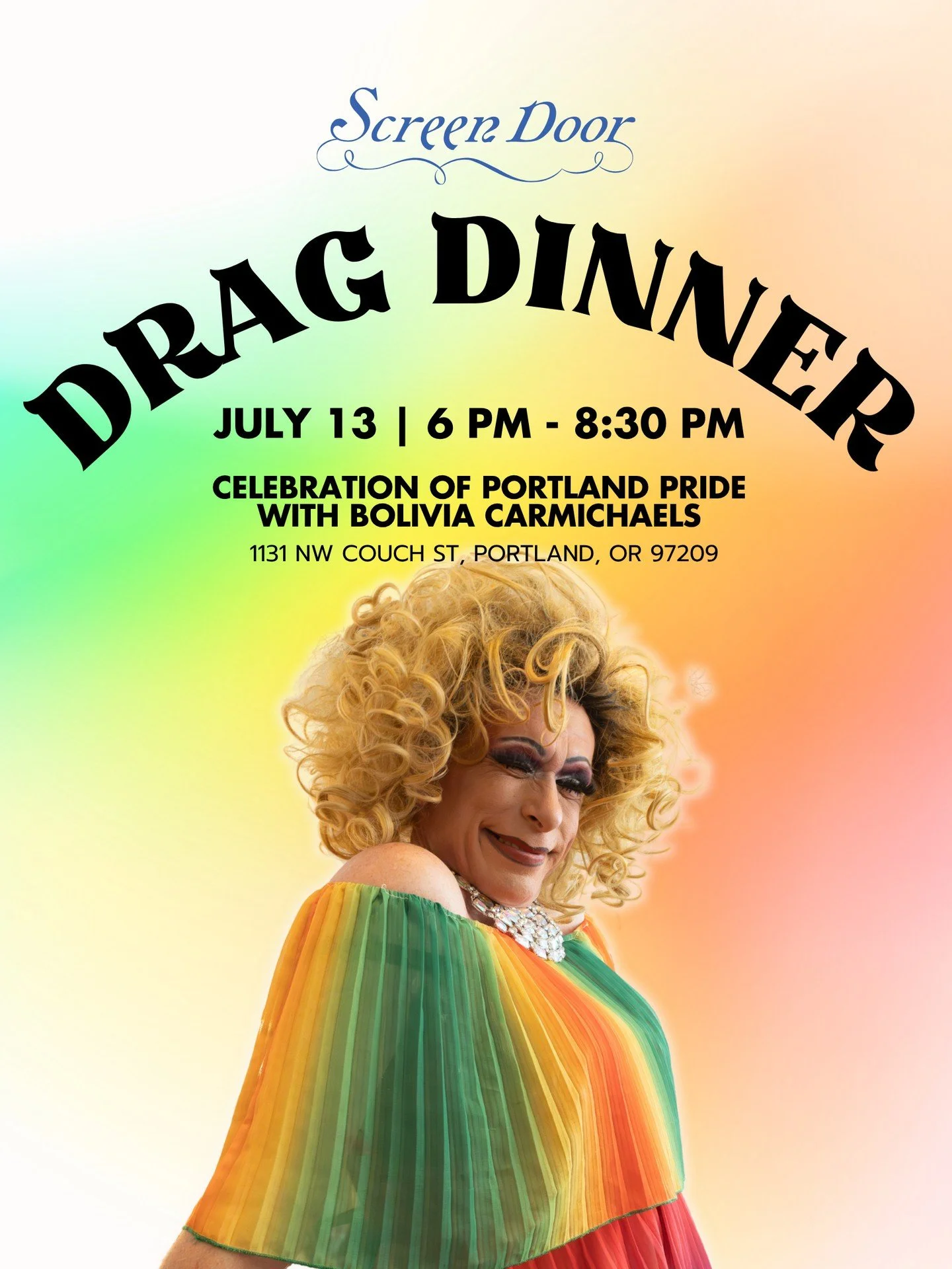 ONE WEEK AWAY! 💃 Join us next Monday, July 13 from 6&ndash;8:30pm at our Pearl District location for our second annual Drag Dinner with the incredible @boliviacarmichaels.⁠
⁠
Dinner, drinks, and a show in support of @newavenues and @smyrcpdx. We're 