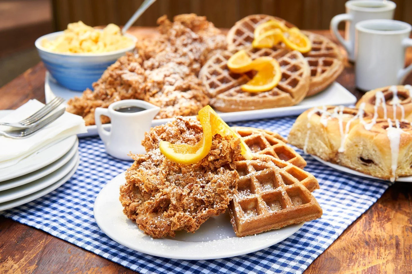 Summer break means there's always an extra kid (or five) around, so let us handle brunch! Our Chicken &amp; Waffles Party Pack comes with crispy buttermilk-battered chicken breasts, sweet potato waffles, syrup, butter pats, and Crystal hot sauce. Jus