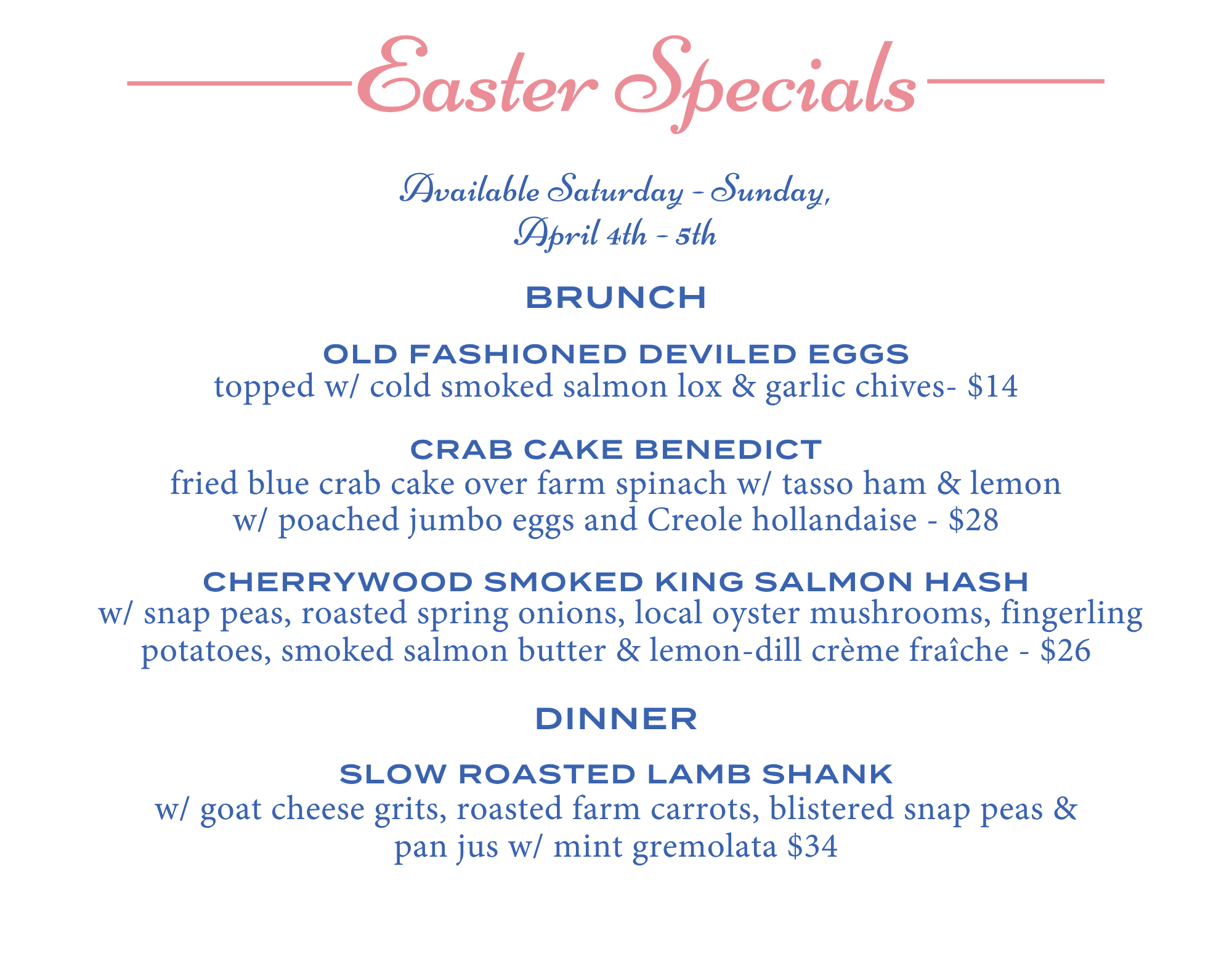 Easter Specials Menu