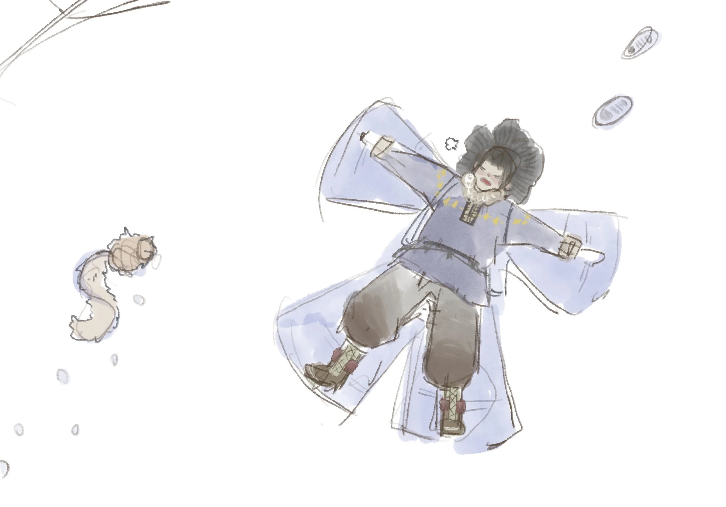 Illustration of a girl with curly black hair lying on her back on a snowy ground, wearing a blue coat, dark pants, and boots, smiling with her arms open. Nearby, a small, light-colored animal, possibly a dog or a cat, is lying on the snow.