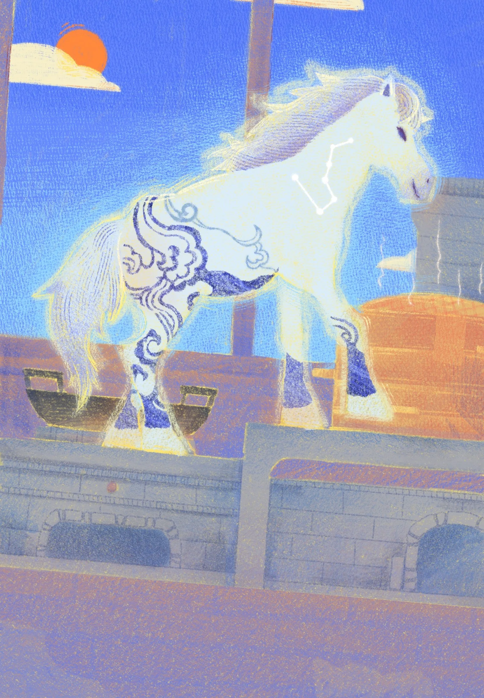 Faded artistic depiction of a white horse with a flowing mane, standing on a colorful background with a blue sky, a red sun partially obscured by white clouds, and a brick structure beneath.