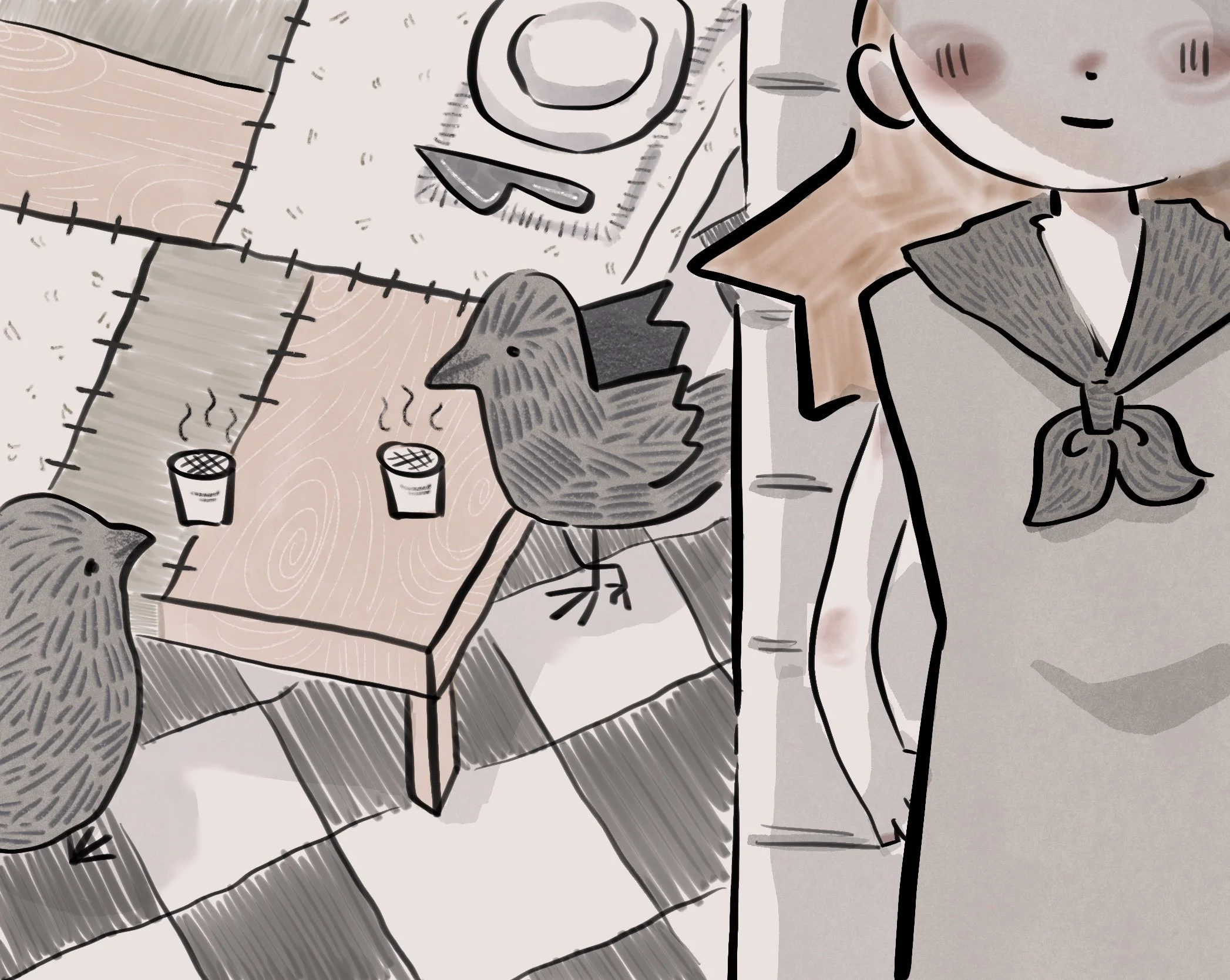 Two cartoon chickens talking to each other at a table with two cups. A woman in a gray shirt with a scarf around her neck is standing nearby, partially visible.