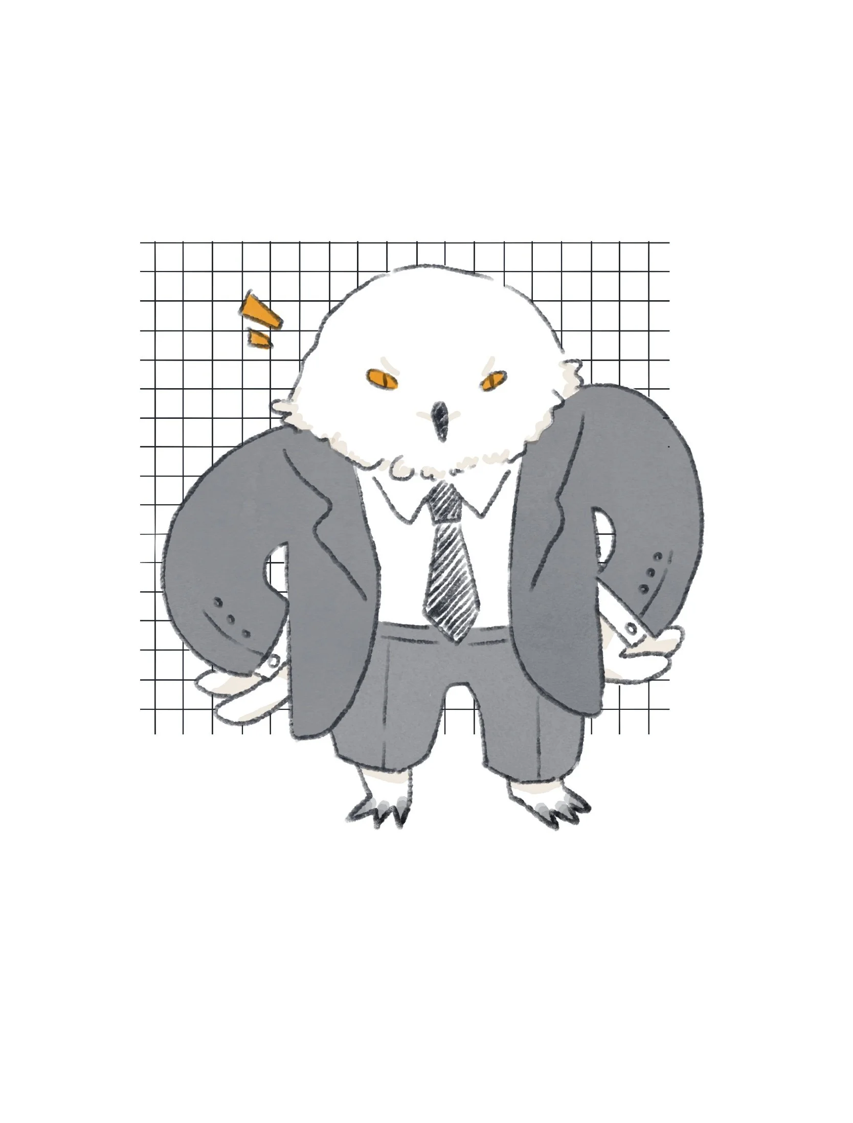 An illustration of an owl with an angry expression, wearing a business suit and tie, standing against a grid background.
