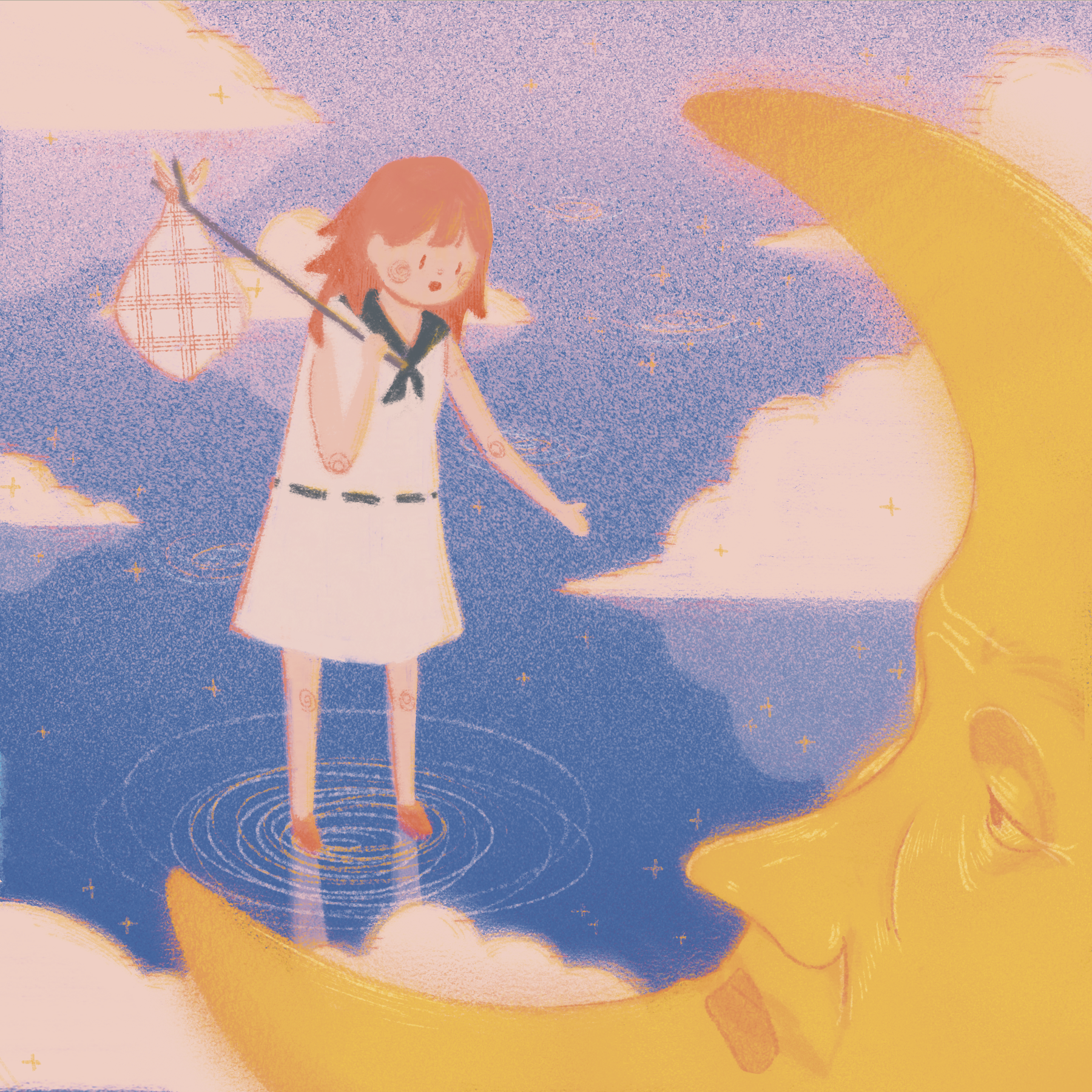 A girl in a white dress is standing on a cloud in the sky, holding a yoyo with a checkered pattern, surrounded by stars, clouds, and sunlight. She is pointing toward a large, gentle-faced sun.