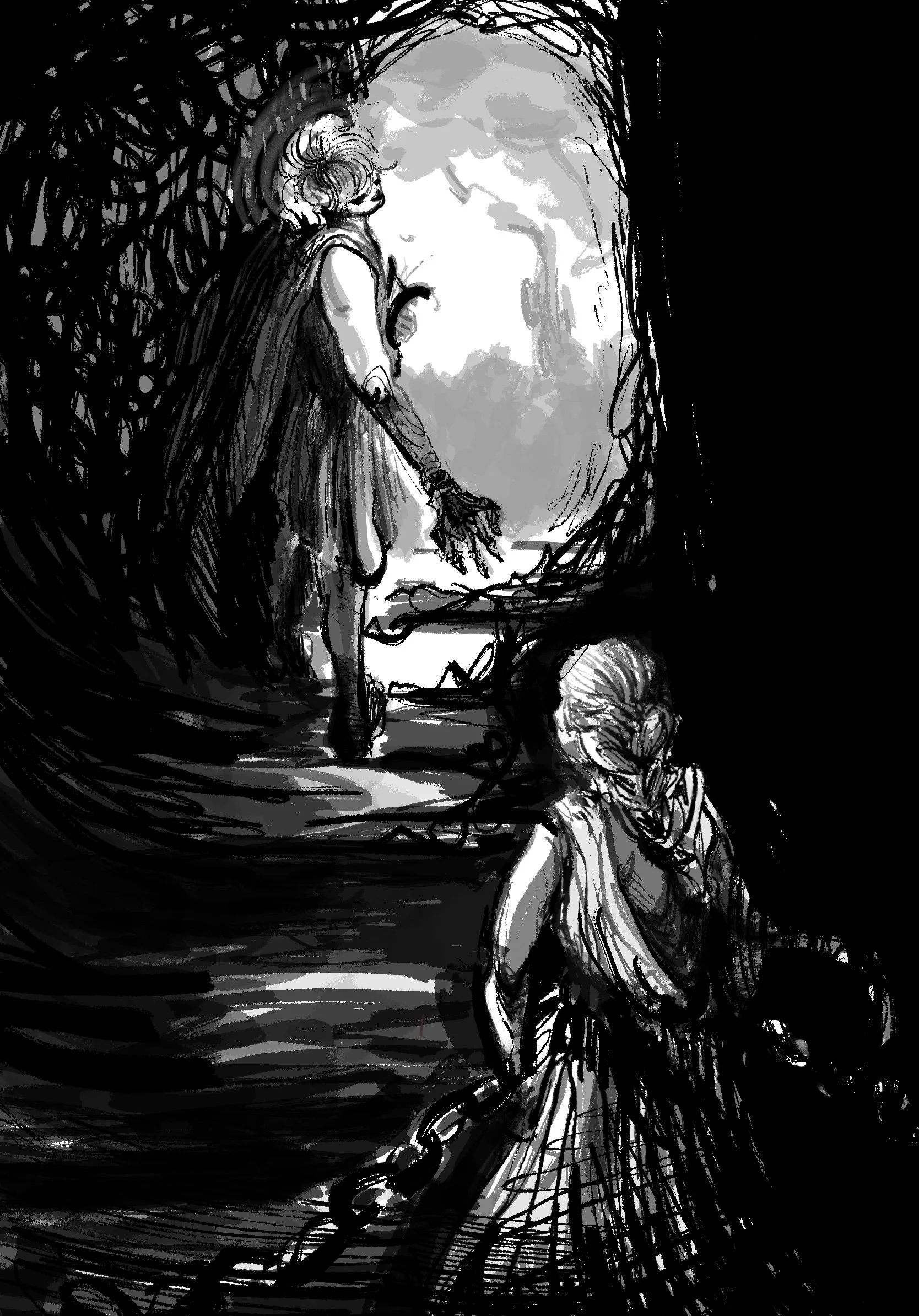 A dark, sketchy black-and-white illustration of two figures, one on a bridge and the other on the ground, holding a chain, with a large moon in the background.
