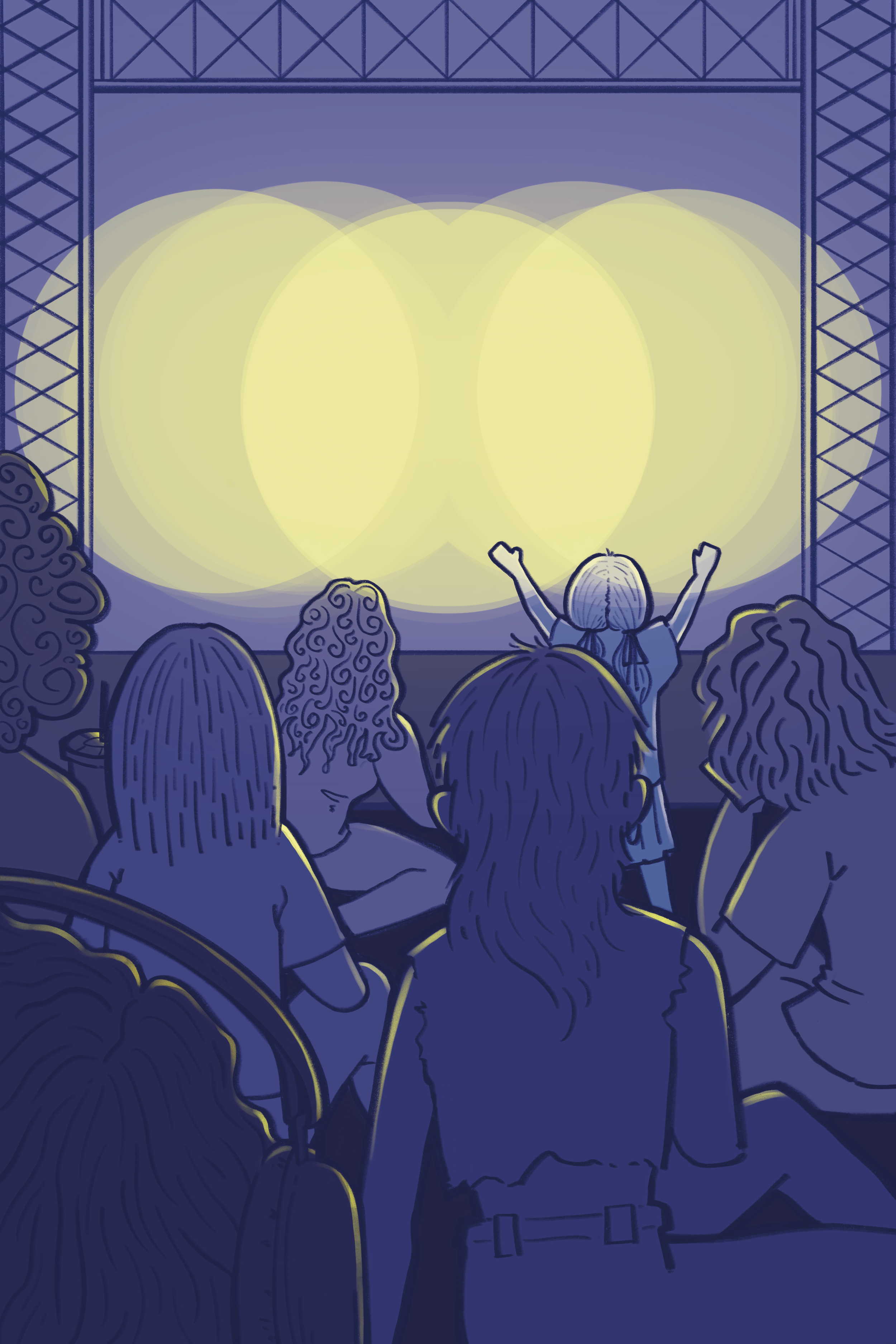 An audience watching a stage with three large bright yellow lights shining on it, with a girl in the front raising her arms in excitement.