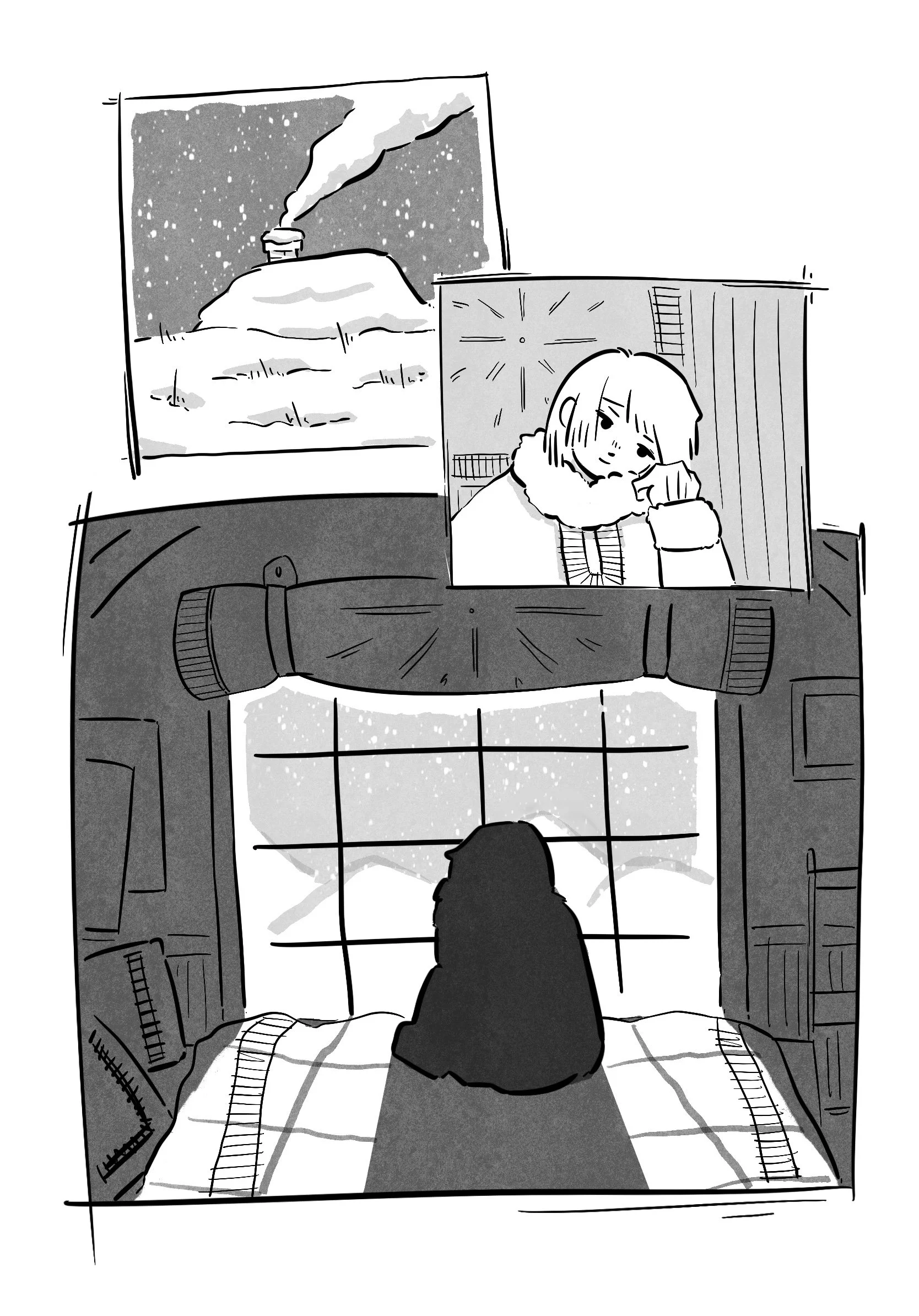 A person sitting on a bed looking out the window at a snowy landscape with mountains, while a separate screen shows a woman with short hair adjusting her hair indoors, along with an image of a snowy landscape with a chimney emitting smoke.