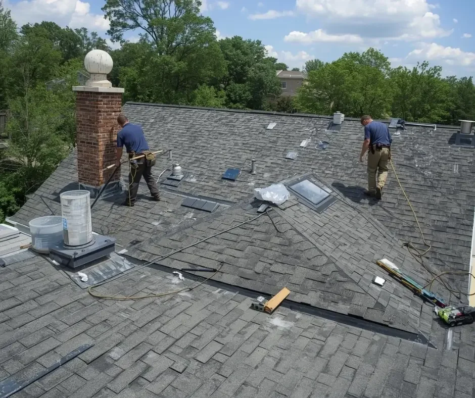 Roofing crew inspecting chimney flashing and skylights during a full roof assessment on a Brick Township NJ