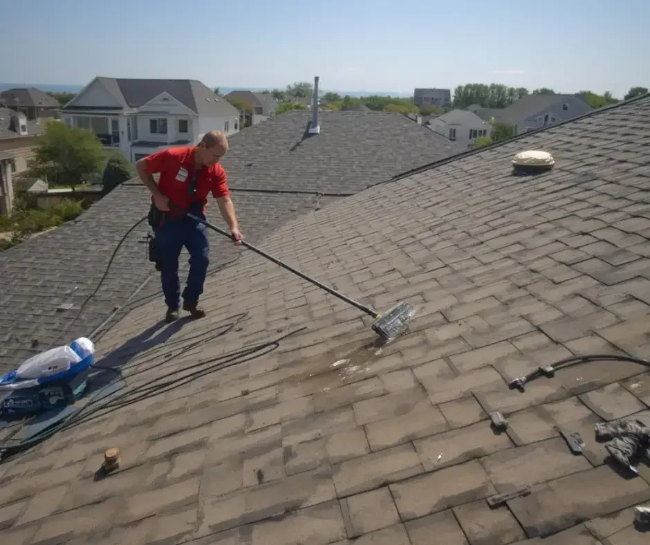 Roof maintenance technician cleaning and treating aging shingles on a residential rooftop in an Ocean County NJ neighborhood