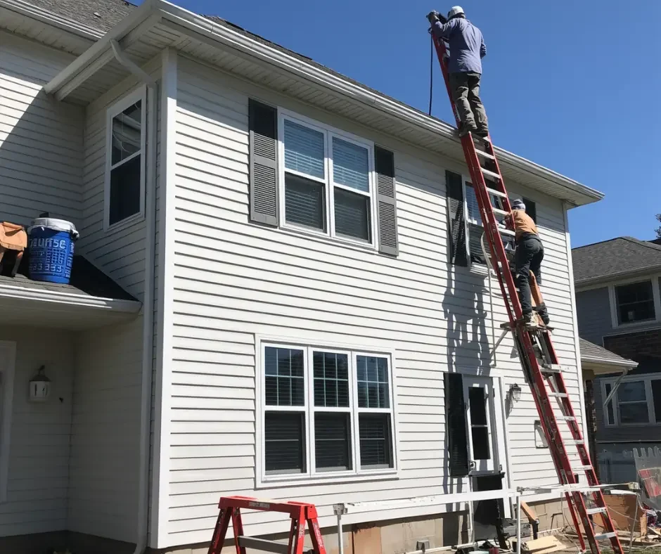 GRM Roofing crew on a tall extension ladder replacing white vinyl siding on a two-story home in Little Egg Harbor, NJ