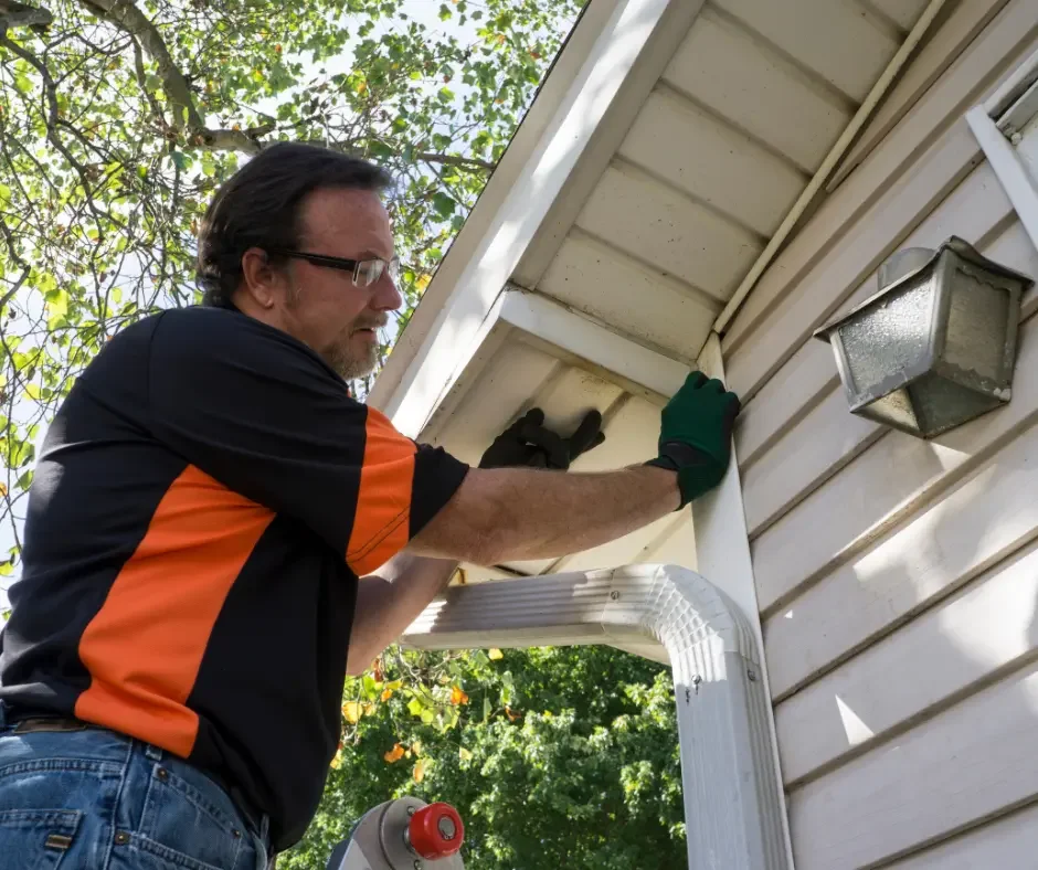 GRM Roofing technician on a ladder inspecting cream vinyl siding near the soffit in Little Egg Harbor, NJ