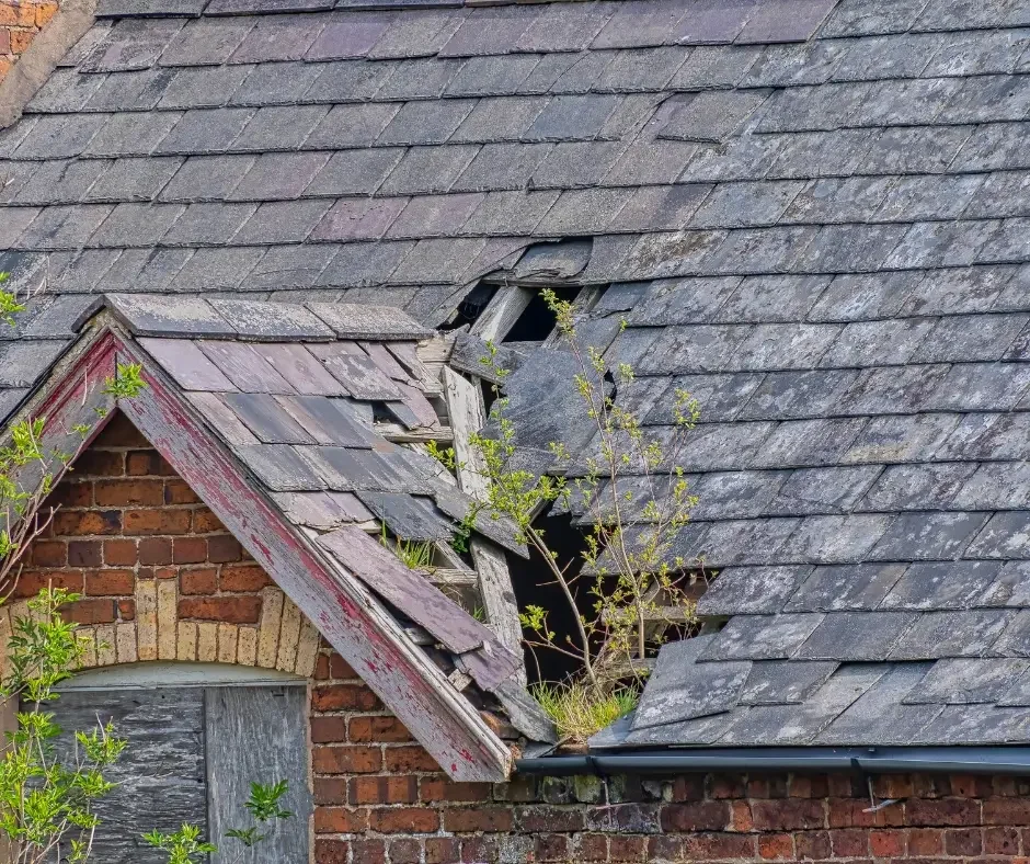 Damaged slate roof with missing shingles and exposed decking needing roof repair in Ocean County NJ