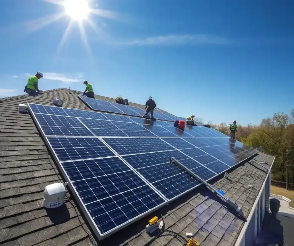 Roofing crew installing solar panels on an asphalt shingle residential roof in Ocean County NJ