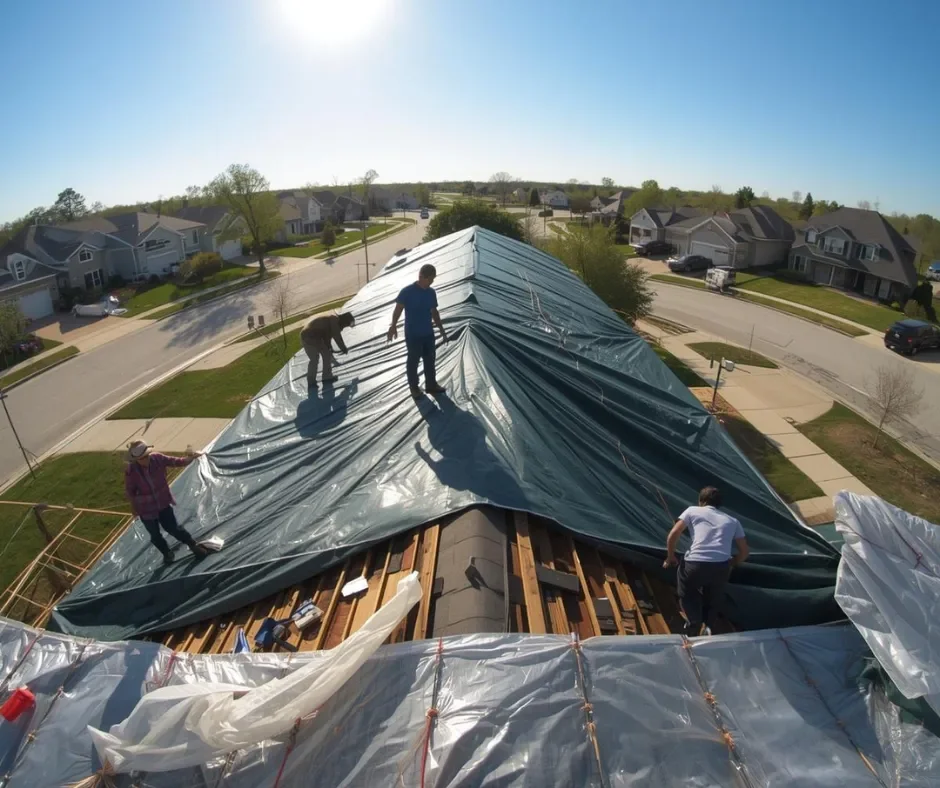 GRM Roofing crew spreading an emergency tarp over exposed roof decking on a residential home in Ocean County, NJ