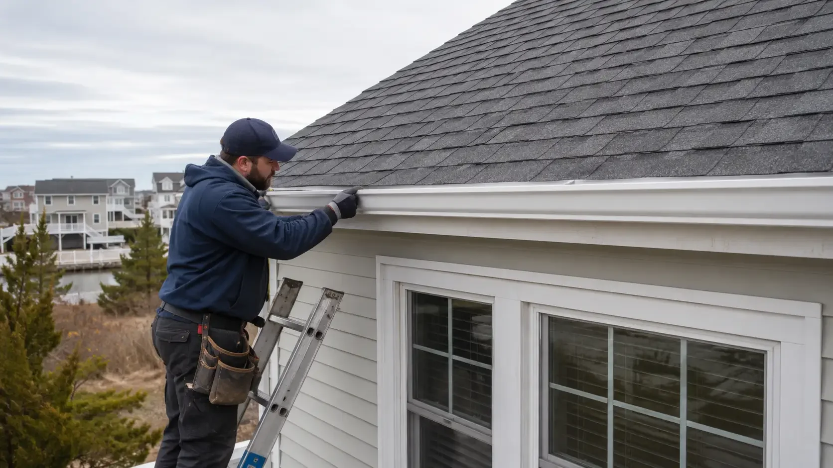 Contractor inspecting gutters on a coastal New Jersey home in Little Egg Harbor