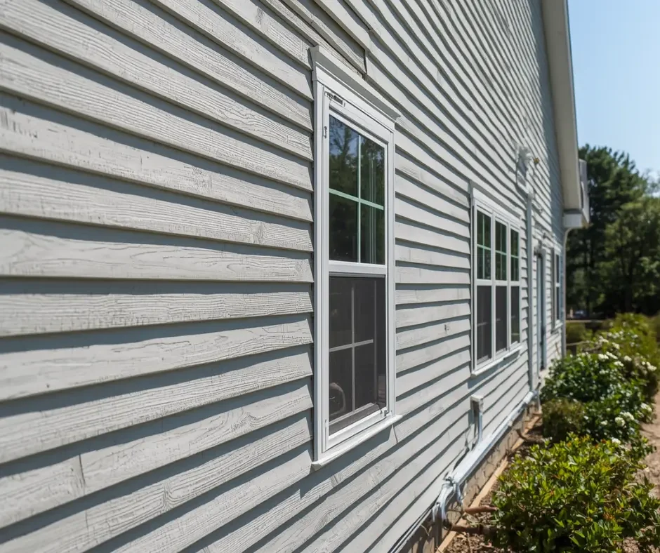 Newly installed light gray vinyl siding with wood-grain texture on a home's exterior by GRM Roofing in Little Egg Harbor, NJ