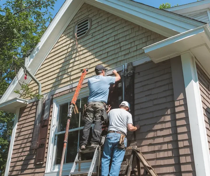GRM Roofing crew on a ladder repairing a section of brown vinyl siding on a two-story home in Little Egg Harbor, NJ