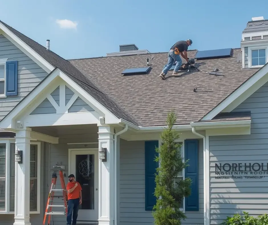 Roofing contractors repairing shingles and skylights on a craftsman-style home in Brick Township NJ