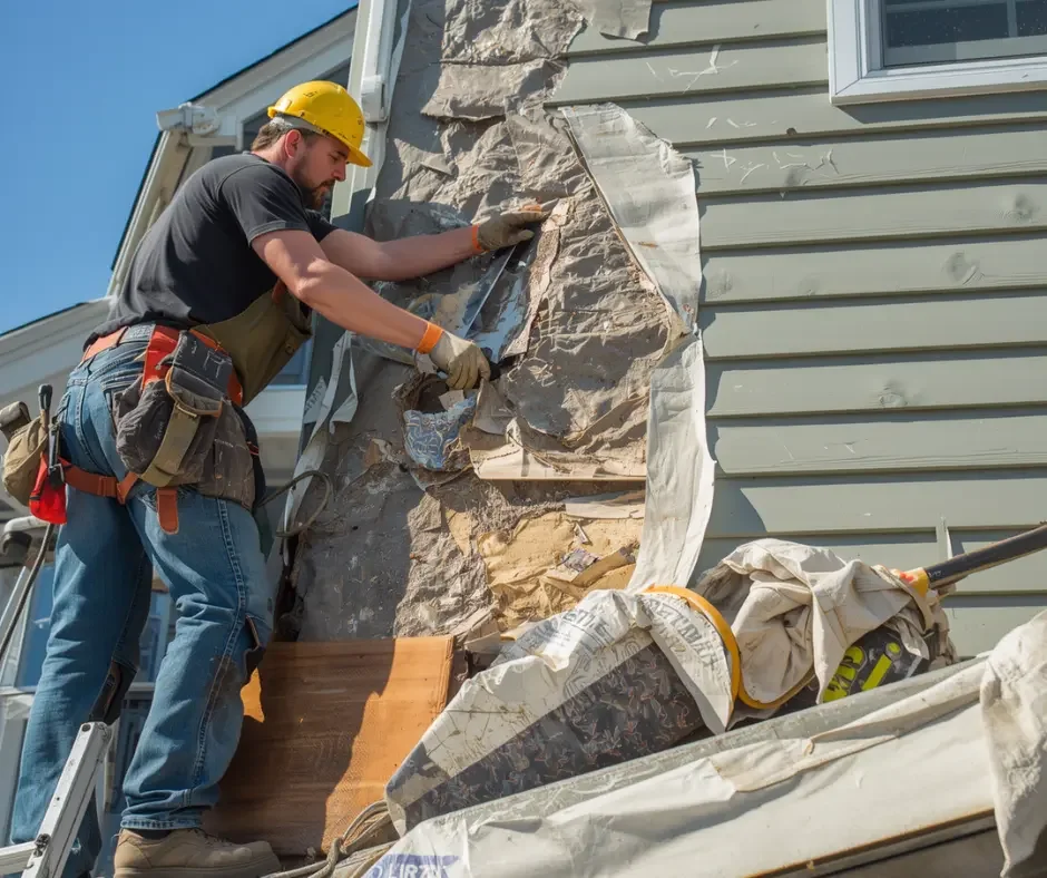 GRM Roofing technician tearing off old siding and underlayment to prepare for vinyl replacement in Ocean County, NJ