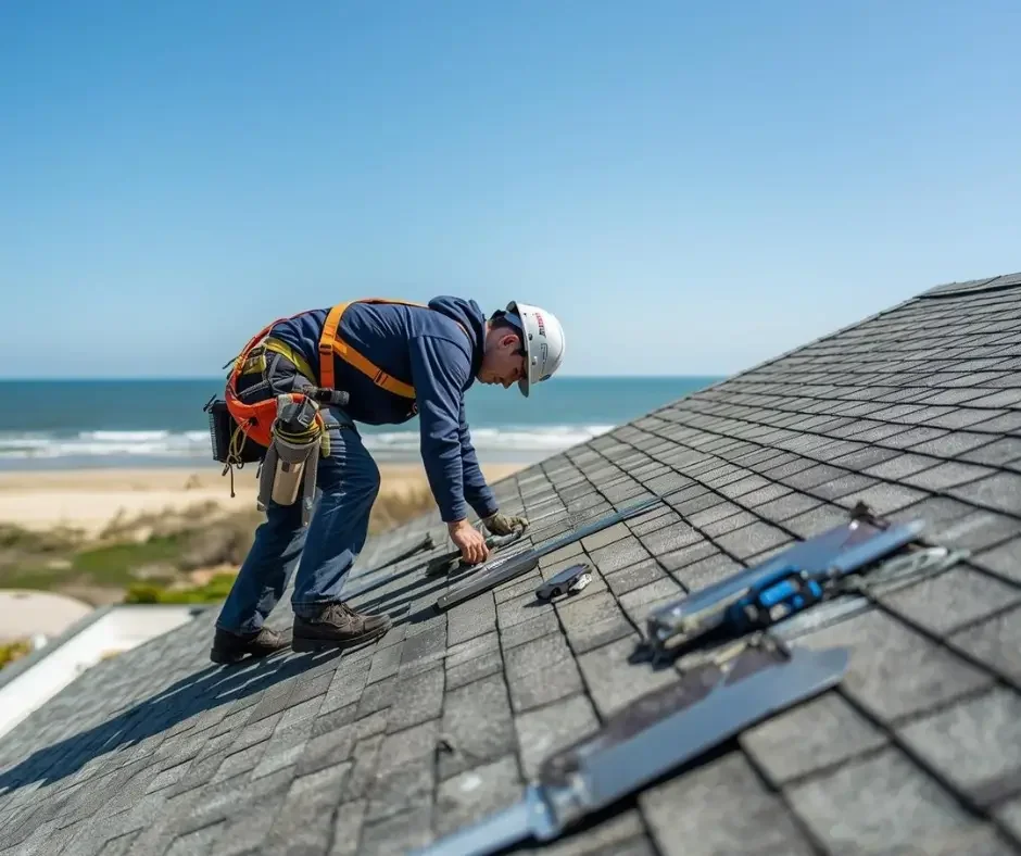 Roofing contractor repairing shingles on a coastal home with the ocean in the background on Long Beach Island, NJ