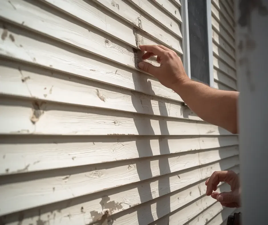 Close-up of GRM Roofing technician inspecting a damaged section of weathered cream vinyl siding in Ocean County, NJ