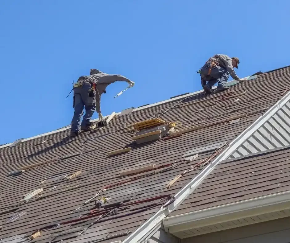Two roofers tearing off old shingles on a steep residential roof with exposed sheathing in Ocean County NJ