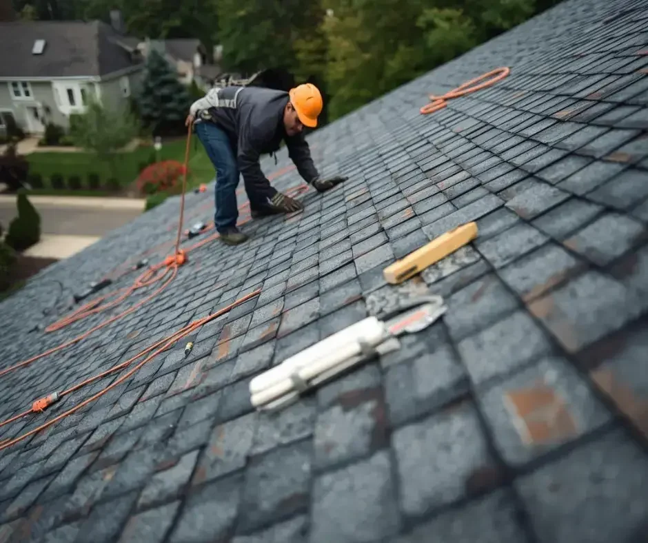 Roofer with hard hat inspecting and repairing gray asphalt shingles on a residential roof in Lacey Township, NJ