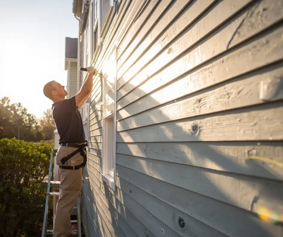 GRM Roofing technician on a step ladder fastening light gray vinyl siding along a home's side wall in Ocean County, NJ