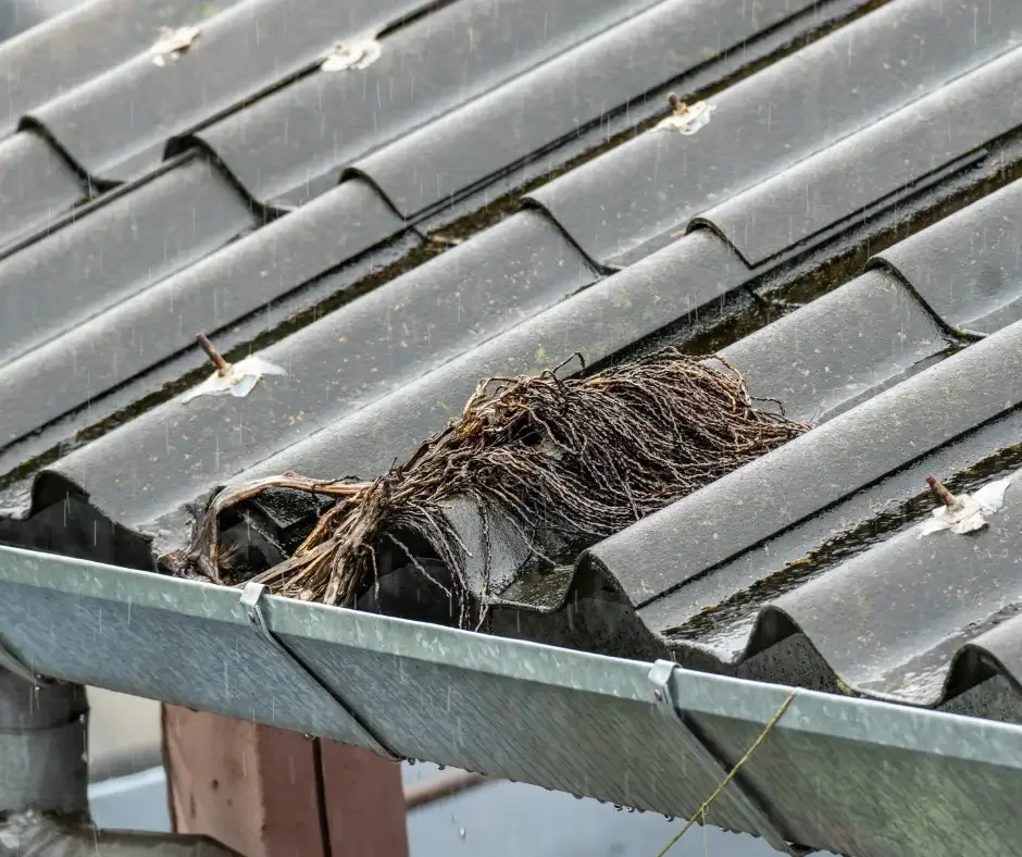 Clogged gutter filled with debris during rainfall showing the need for gutter cleaning in Ocean County NJ