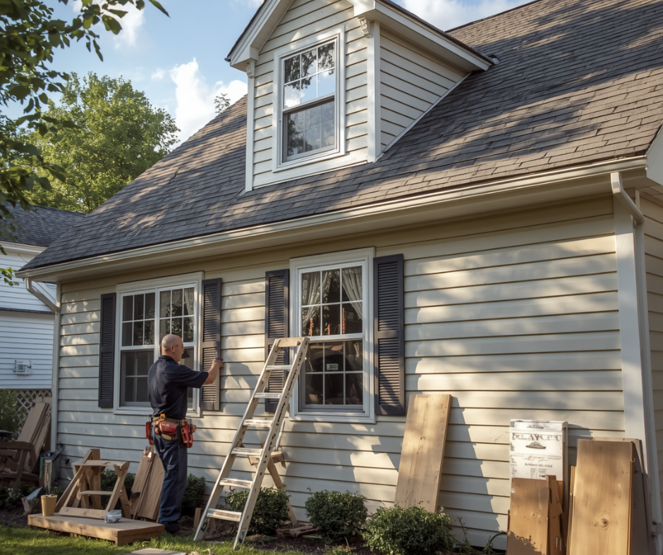 Contractor working on cream lap siding beside a window, with materials staged on the ground, in Ocean County, NJ