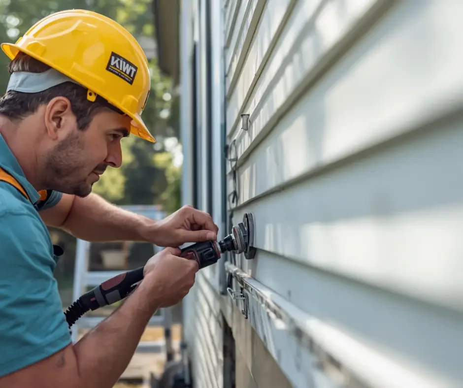 Close-up of GRM Roofing worker using a power tool to secure white vinyl siding panels in Ocean County, NJ