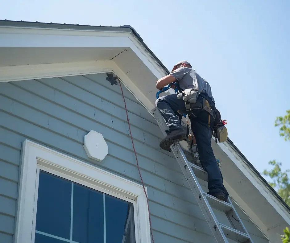 GRM Roofing technician on an extension ladder installing light blue vinyl siding near the gable in Ocean County, NJ