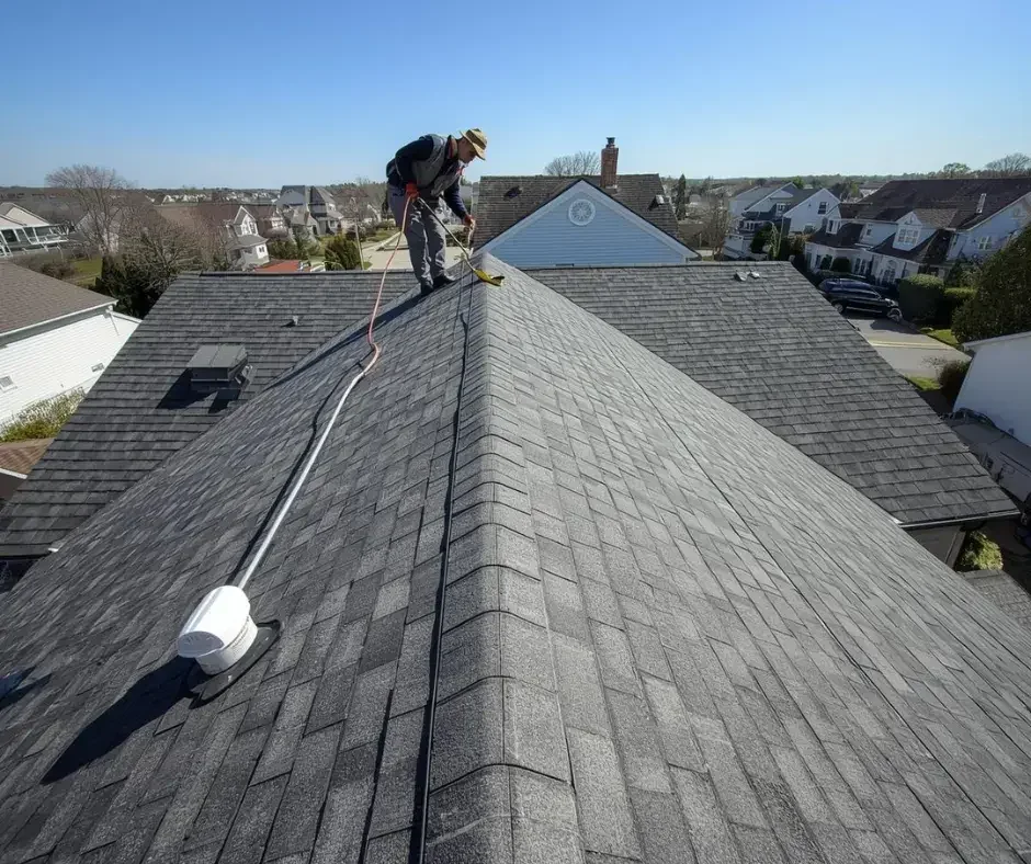 Professional roofer inspecting ridge cap shingles on a coastal New Jersey home during a seasonal maintenance checkup