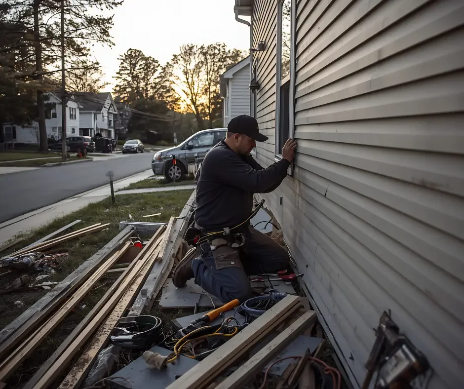 GRM Roofing technician kneeling to repair lower white vinyl siding panel on a home in Ocean County, NJ