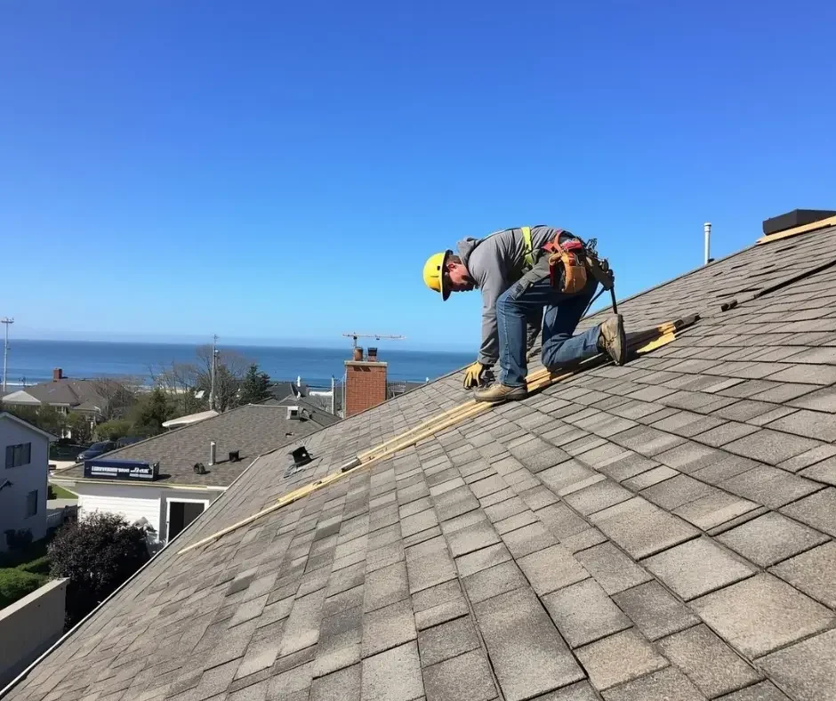 Roofer with hard hat repairing shingles on a coastal home with ocean views on Long Beach Island, NJ