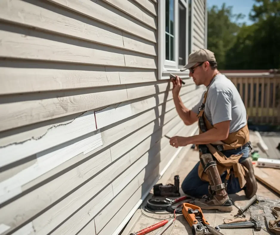 GRM Roofing technician kneeling to repair a cracked section of cream vinyl siding on a home in Little Egg Harbor, NJ
