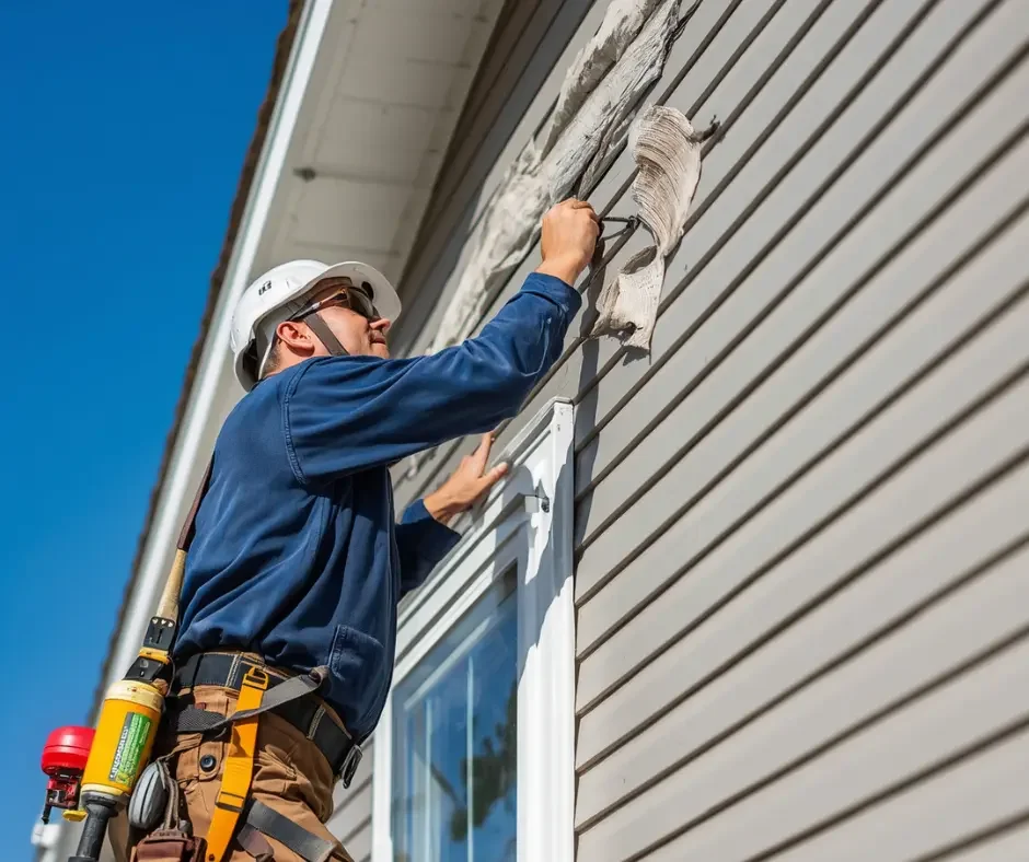 GRM Roofing technician removing a torn section of cream vinyl siding from a home in Little Egg Harbor, NJ