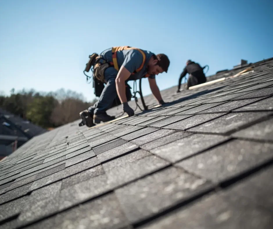 Roofer wearing a safety harness installing asphalt shingles on a residential roof in Ocean County NJ